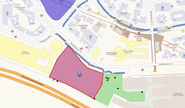 Location map of Wynwood Grand EC showing Woodlands South MRT, Causeway Point, schools and parks