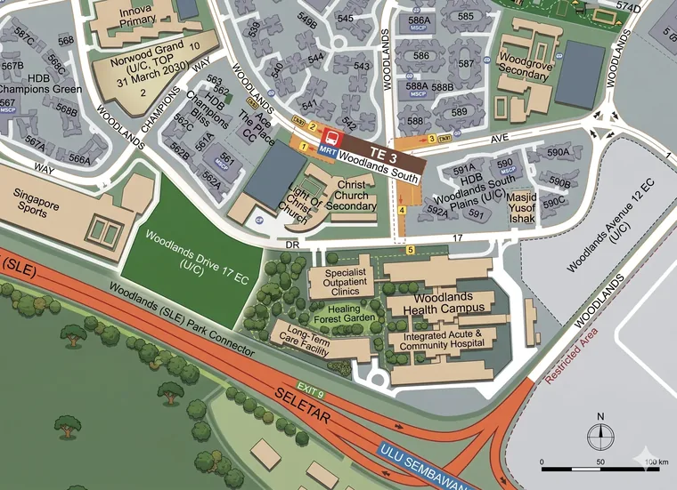 Aerial view of the Woodlands Drive 17 plot and green surroundings near Wynwood Grand EC