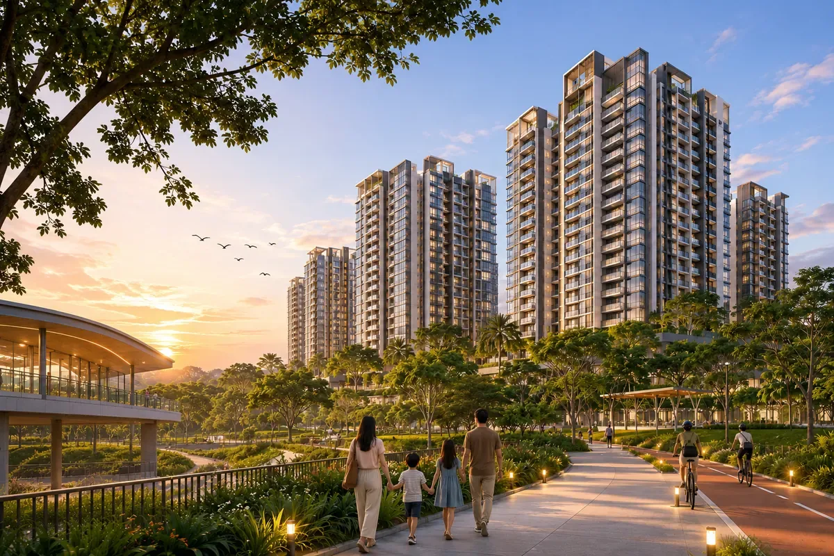 Wynwood Grand EC aerial view at dusk over Woodlands Drive 17 artist’s impression, illustrative only